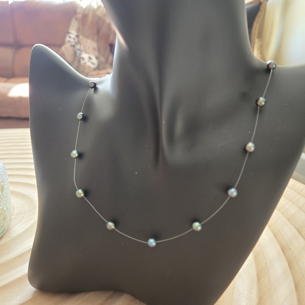 Floating Blue Grey Pearl Illusion Necklace/ Minimalist Station Style